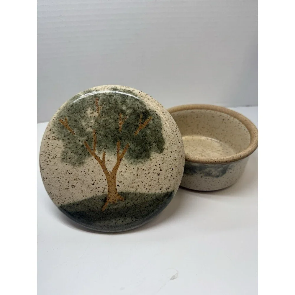 Art Pottery French Butter Keeper 5.5” Round Tree Design